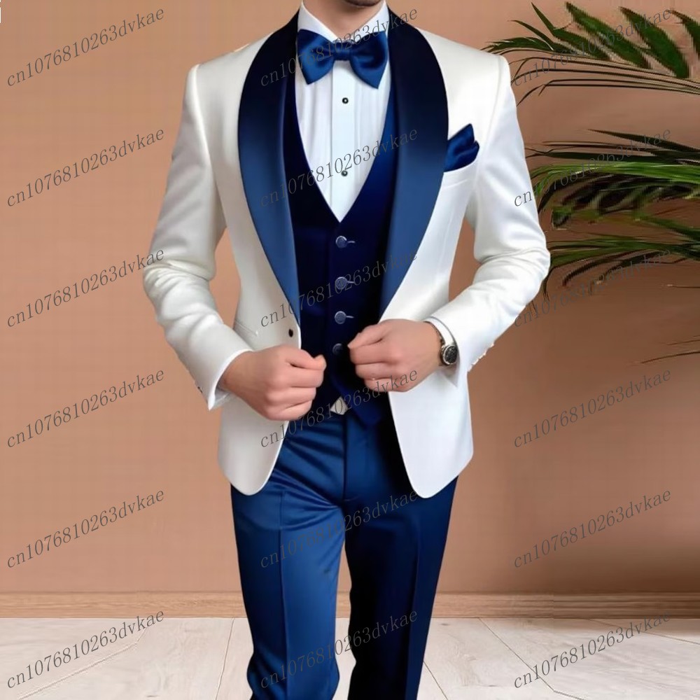 Men'S Grooming Jacket - Acetaat satijn Wit en Marineblauw Mannen